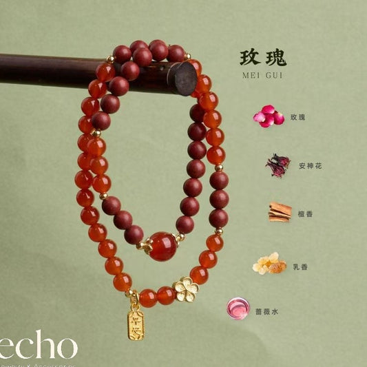 Natural Red Agate & Natural Sandalwood Double-Wrap Beaded Bracelet