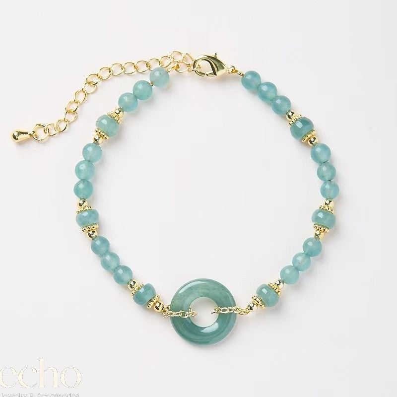 Natural Blue Water Jadeite Beaded Bracelet with Peace Buckle