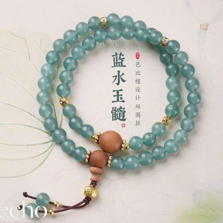 Natural Blue Water Chalcedony (Blue Agate) & Sandalwood Double-Wrap Bracelet