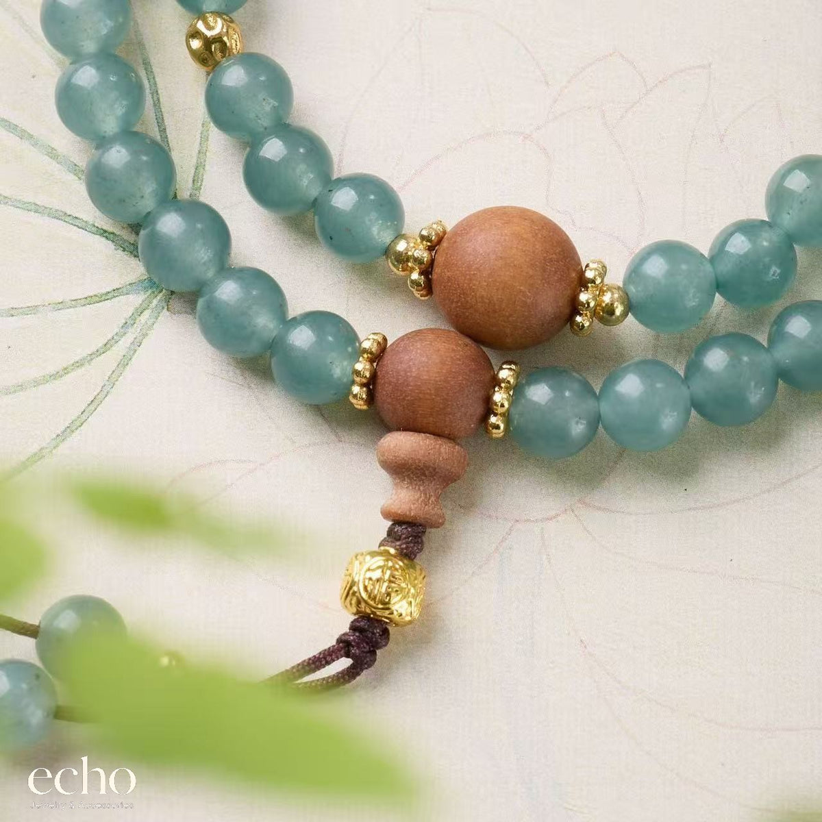 Natural Blue Water Chalcedony (Blue Agate) & Sandalwood Double-Wrap Bracelet