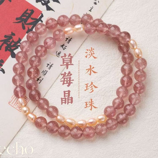 Natural Strawberry Quartz & Freshwater Cultured Pearls Double-Wrap Bracelet