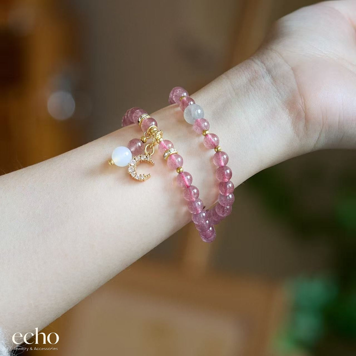 Natural Strawberry Quartz Double-Wrap Beaded Bracelet