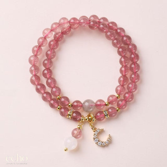 Natural Strawberry Quartz Double-Wrap Beaded Bracelet