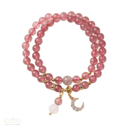 Natural Strawberry Quartz Double-Wrap Beaded Bracelet