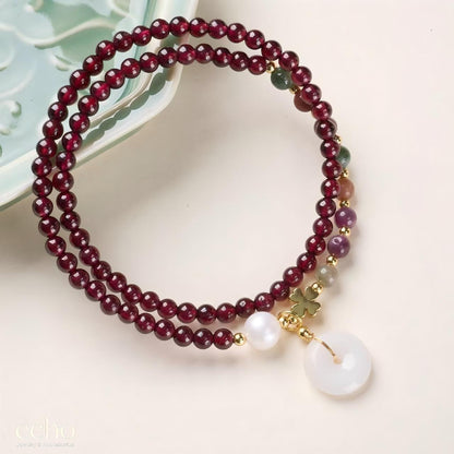 Natural Garnet Double-Wrap Bracelet with Tourmaline & Jade Peace Disc