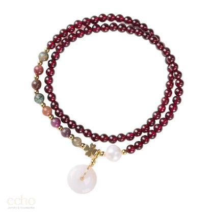 Natural Garnet Double-Wrap Bracelet with Tourmaline & Jade Peace Disc
