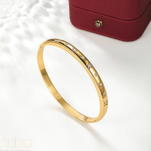 18K Gold-Plated Star & Round CZ Hinged Bangle