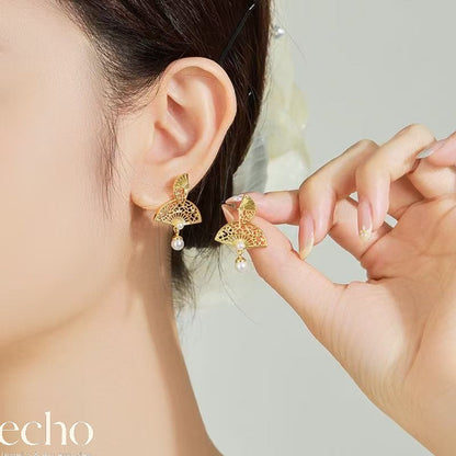 18K Gold-Plated Double Fan Imitation Pearl Dangle Earrings