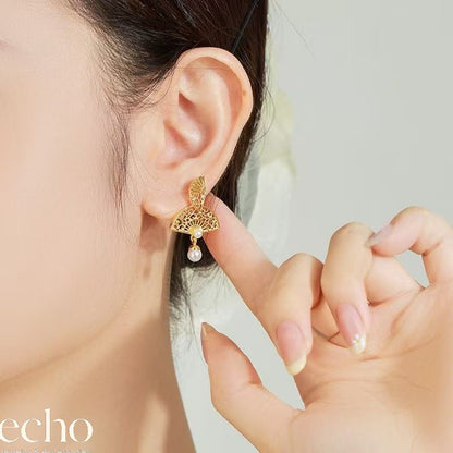 18K Gold-Plated Double Fan Imitation Pearl Dangle Earrings