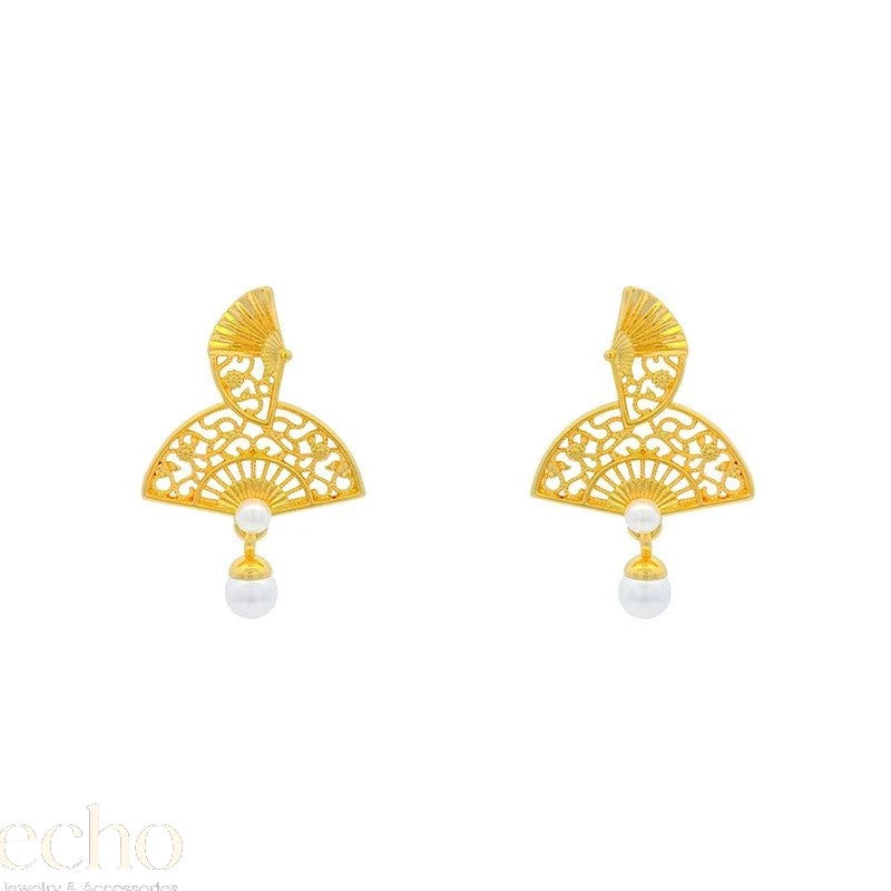 18K Gold-Plated Double Fan Imitation Pearl Dangle Earrings