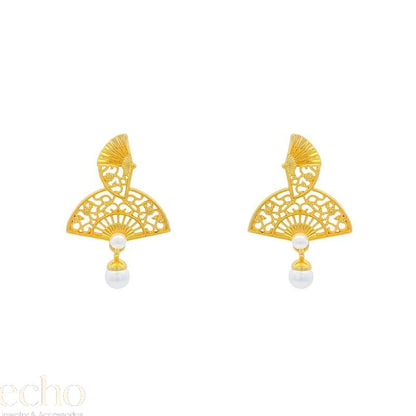 18K Gold-Plated Double Fan Imitation Pearl Dangle Earrings