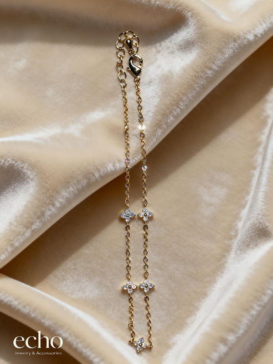 18K Gold-Plated Double-Layer Four-Petal Flower CZ Anklet
