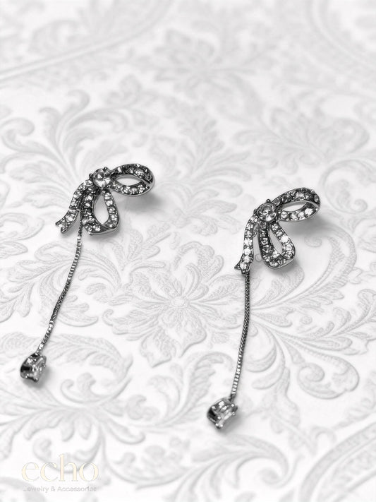 Silver-Plated CZ Bow Stud & Snake-Chain Dangle Earrings