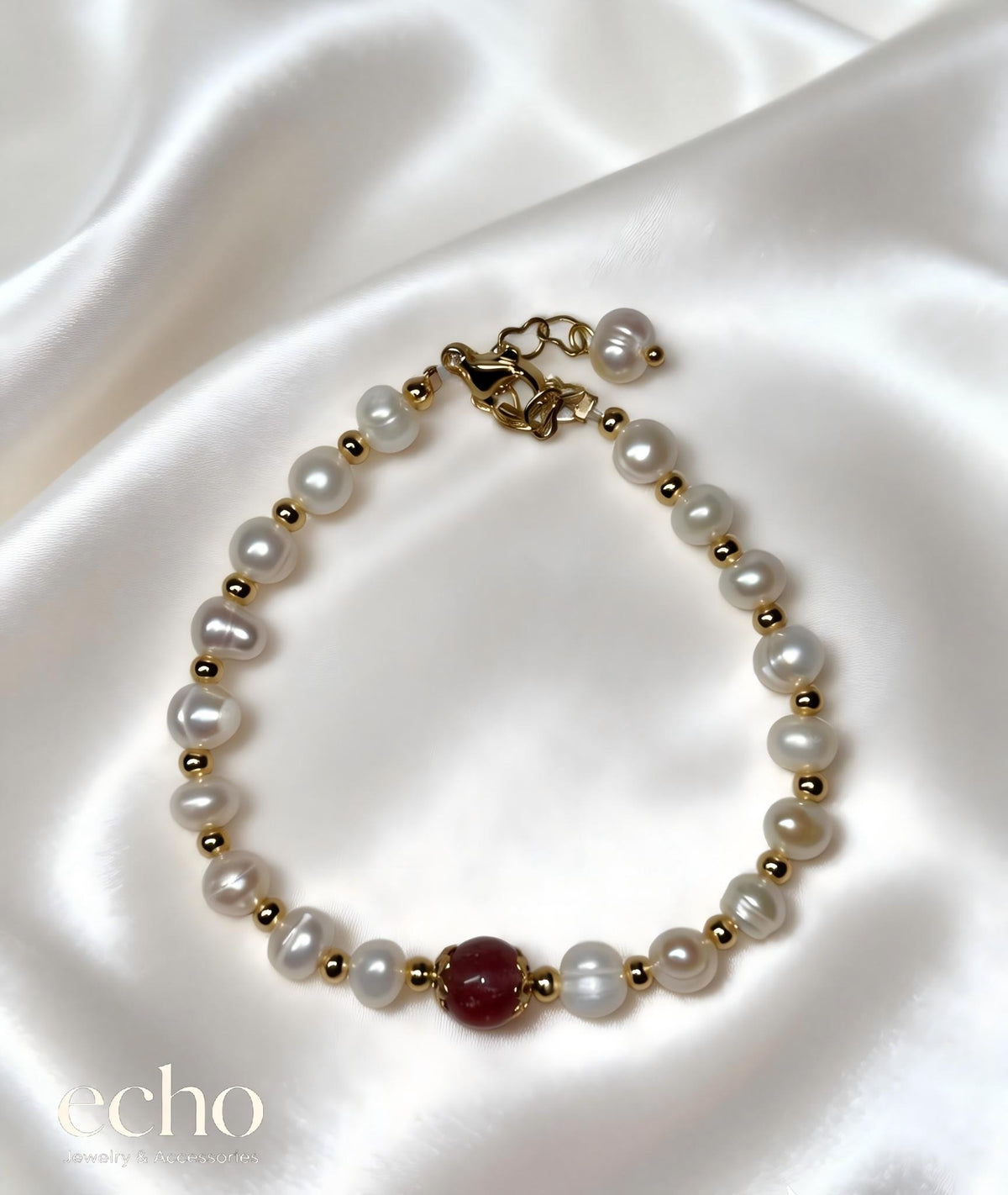 Natural Freshwater Cultured Pearl & Natural Red Agate Bracelet